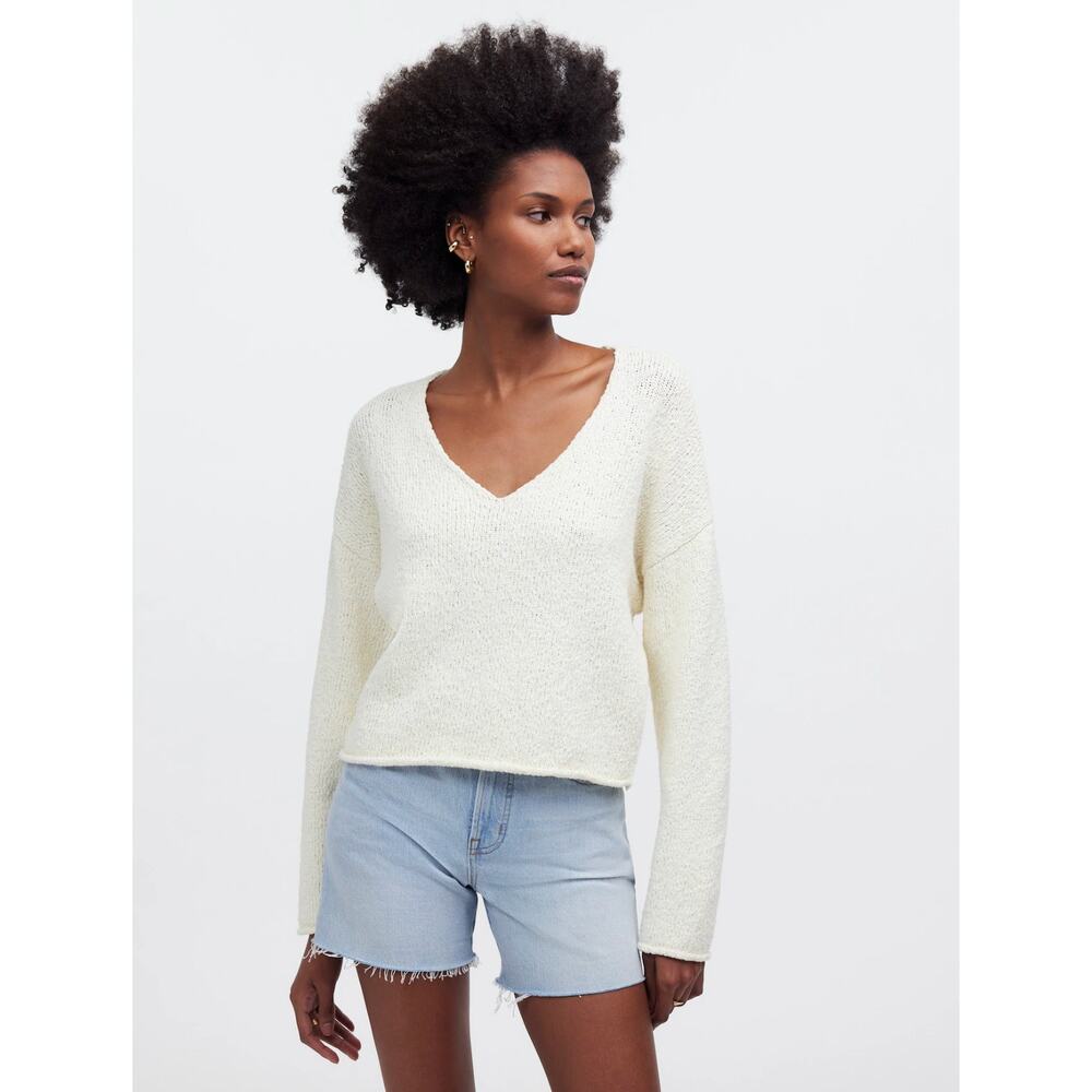 NEW Madewell Deep V Boxy Sweater Bright Ivory Cotton Textured Relaxed XXS